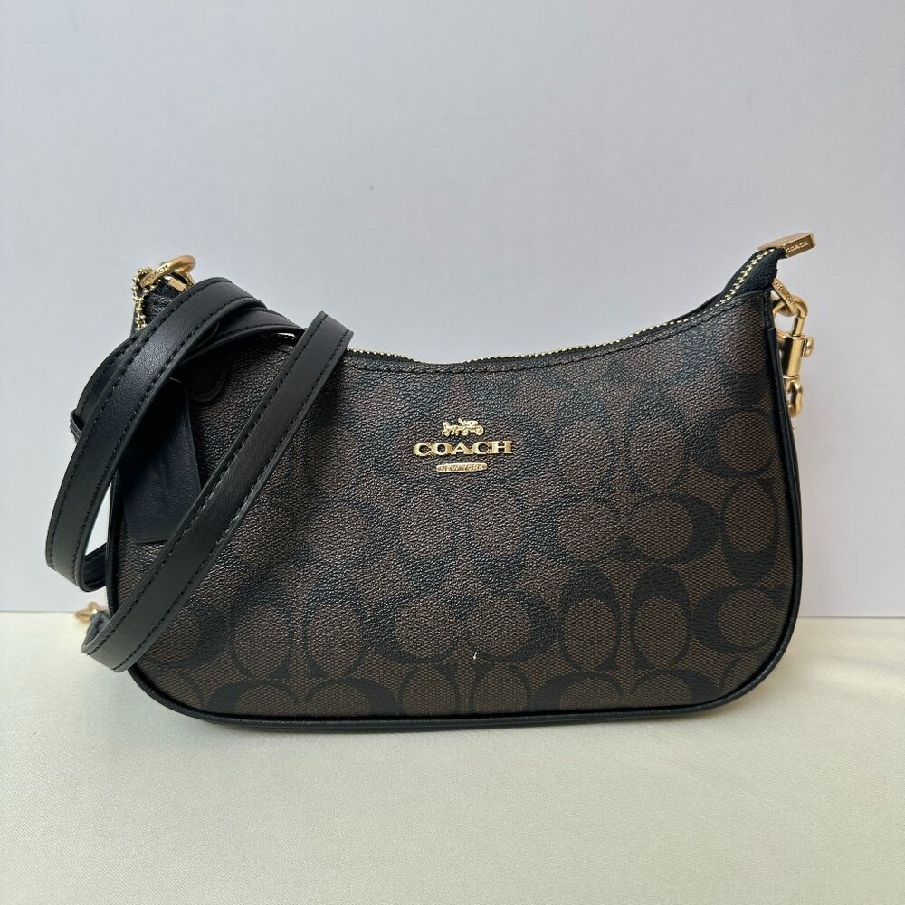 Coach Signature Monogram Crossbody Bag - Brown & Black with Gold Hardware